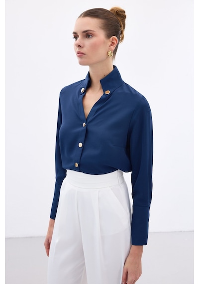 Sateen Çıt Çıt Detaylı Gömlek - İndigo-136557 İndigo