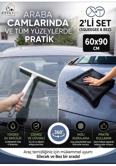 2 Li Oto Cam Temizlik Seti Cam Sileceği Çekçek + 60x90 Cm Mikrofiber Araç Kurulama Bezi Yüksek Su Emici