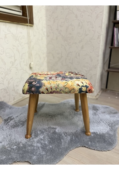 Trend Naturel Çiçekli Ahşap Ayak Uzatma Pufu Makyaj Koltuğu Bench Tabure