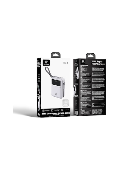Lenyes C03-a Dijital Led Göstergeli Type-c Ve Lightning Kablolu Powerbank 45w 10.000mah Gümüş Gümüş