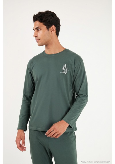 Buratti Minimal Baskılı Pamuklu Uzun Kollu Pijama Takımı Erkek Pijama Takımı 6575005 Yeşil