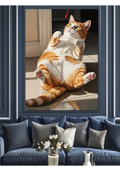 Ahşap Tablo Güneşlenen Komik Ve Şişman Kedi