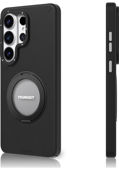 Galaxy S26 Ultra Kılıf M-safe Uyumlu 360 Standlı Mat Deri Desenli Youngkit Tech Leather Kapak Siyah Siyah