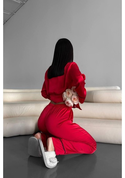 Gizotti Love Kırmızı Düz Uzun Saten Pijama Xl Kırmızı