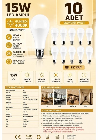 E27 15w Led Ampul 4000k Günışığı 10 Adet Led Lamba Genel