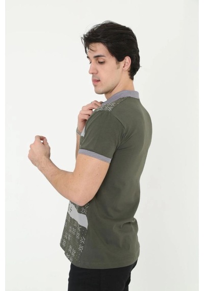Erkek Polo Yaka Tişört Slim Fit Baskılı Kısa Kol T-shirt - Haki