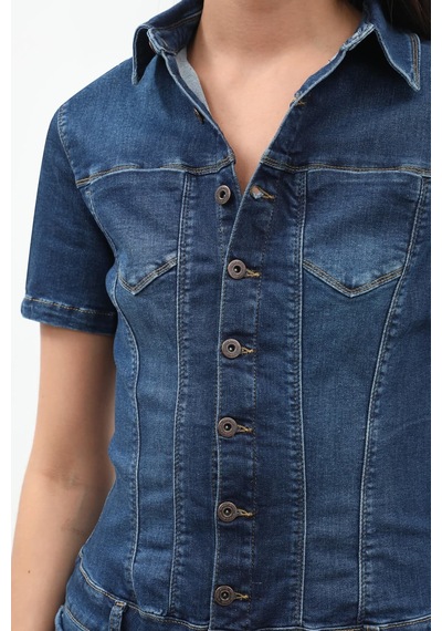 Banny Jeans Kadın Boydan Düğmeli Jean Elbise Koyu Mavi