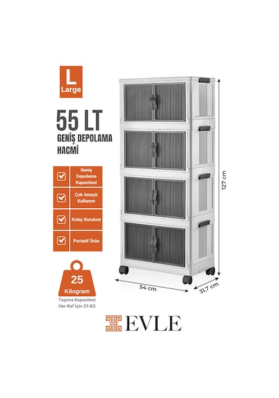Evle Katlanabilir Modüler Dolap 4 Lü 54 Cm X 31,7 Cm X 127 Cm Beyaz