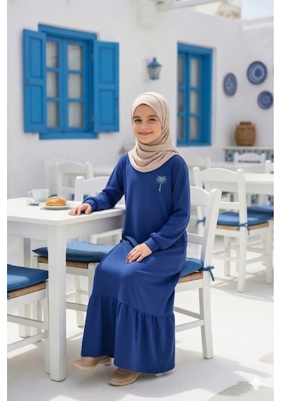 Angel&co. Girls Clothing Kız Çocuk Mavi Uzun Kollu Maksi Tesettür Penye Elbise Mavi - 842728793 Mavi