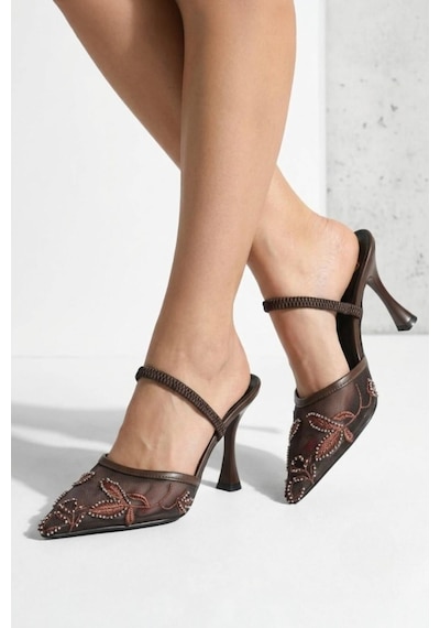 Fox Shoes Y752176315 Kahverengi File Boncuk İşlemeli İnce Topuklu Kadın Ayakkabı