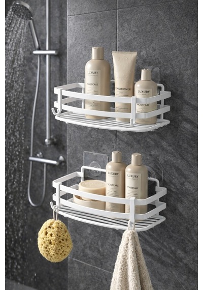 Buççin Online Mağaza Yapışkanlı 2'li Banyo Düzenleyici Şampuanlık Sabunluk Yapışkanlı Banyo Rafı Beyaz Metal Beyaz Çok Renkli