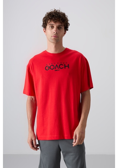 Tommy Life Fiesta Pamuklu Kalın Yumuşak Dokulu Oversize Fit Baskılı Erkek T-shirt - 88329 Kirmizi