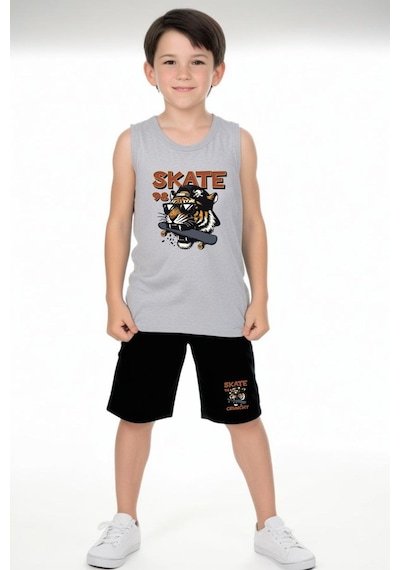 Fyk Kids Erkek Çocuk Baskılı Sıfır Kol Skate Crunch Alt-üst Takım Gri