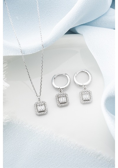 Çekirdekjewelry 925 Ayar Gümüş Baget Taşlı Kolye Küpe Seti Gri