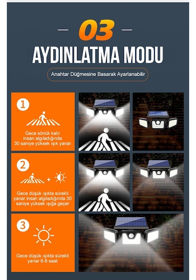 Gaman W771A 74 Sensörlü Parlak Led Güneş Enerjili 3 Mod Solar Lamba