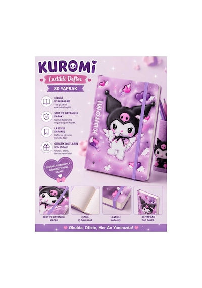 Kuromi Figürlü Lastikli Sert Kapak Defter Çizgili 80 Yaprak Çok Renkli Çok Renkli