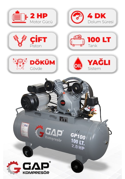 Hava Kompresörü Pistonlu 100lt 2 Kafa 8 Bar 2 Hp Gp-100