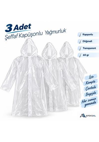 3 Adet Şeffaf Kapüşonlu Yağmurluk Düğmeli İş Kamp Seyahat Acil Durum 60 Gr