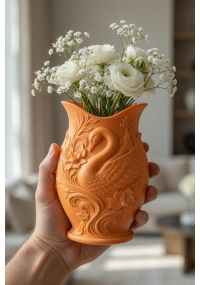 Kuğu Desenli Dekoratif Vazo 15 Cm 3d Baskılı Mat Dokulu Şık Masa Ve Raf Dekoru Turuncu