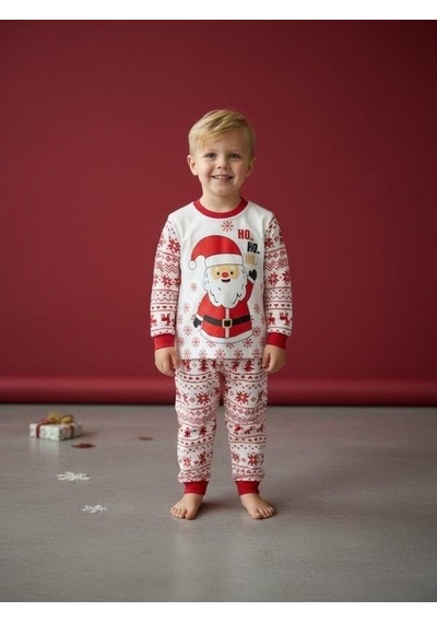 Zekids Çocuk Pamuklu Yılbaşı Temalı Noel Baba Baskılı Pijama Takımı-16589 Renklı
