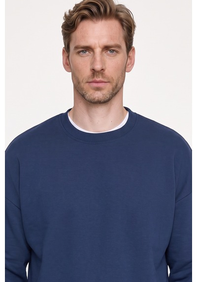 AC&Co / Altınyıldız Classics Erkek Lacı Oversize Fit Bol Kesim Pamuklu İçi Polarlı Bisiklet Yaka  Sweatshirt Lacivert