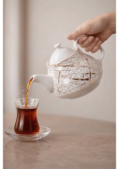 Mermer Desenli Porselen Demlik 750ml Beyaz