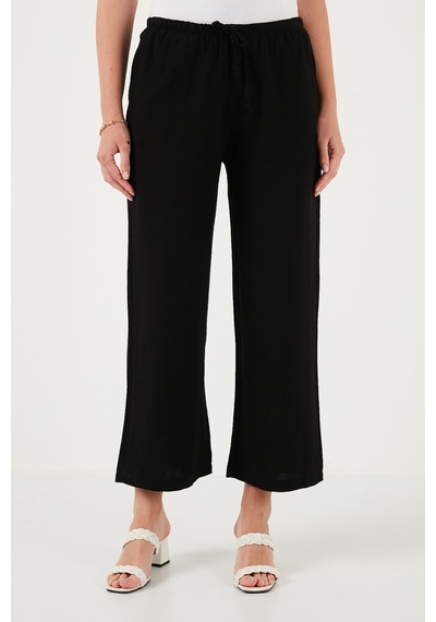 Lela Keten Karışımlı Regular Fit Normal Bel Geniş Paça Bayan Pantolon 5866030 Siyah