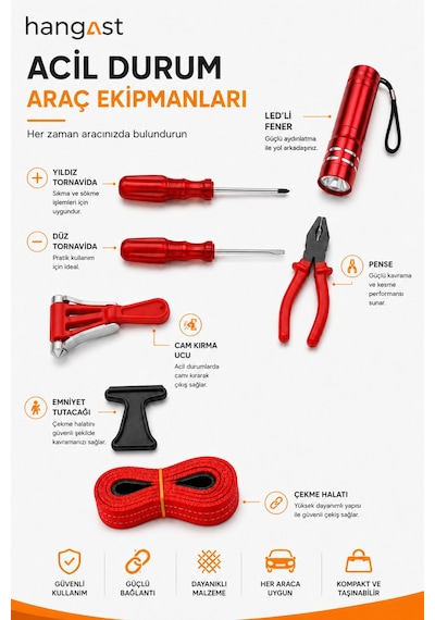 Araç Çeki Halatı Seti 3 Ton Çeki İpi Takımı Çeki Kayışı, Şakıl, Çeki Aparatı, El Feneri ,tornovida Seti