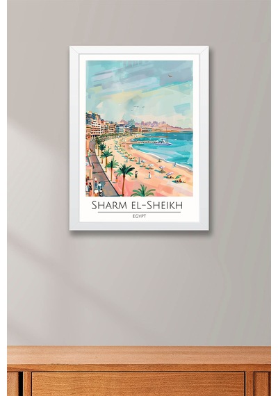 Mısır Sharm El-sheikh Temalı Çerçeveli Tablo Travel Serisi Modern İllüstrasyon Duvar Dekoru Beyaz