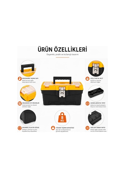 13 İnç Metal Kilitli Takım Çantası, Organizerli Alet Takım Sandığı, Tornavida Pense El Aleti Kutusu, Kapak Üst Genel