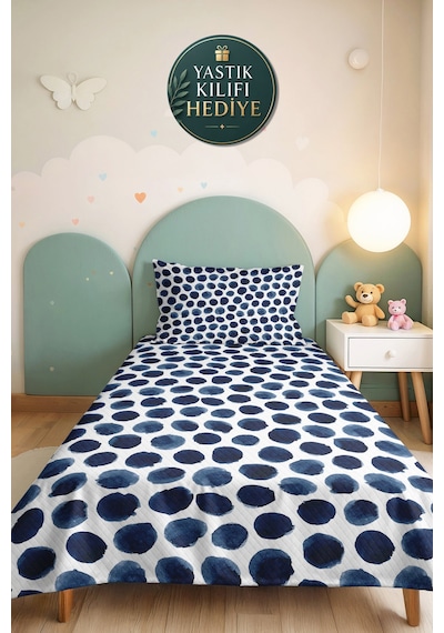 Mavi Puantiyeli Modern Tek Kişilik Pike Takımı - Beyaz Geometrik Minimal 160x220 Cm Yatak Örtüsü Ahenkli Meşe Yansıması