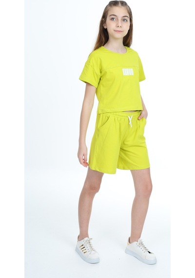 Toontoy Kids Toontoy Kız Çocuk Crop Aloha Yazı Baskılı Şortlu Takım Yeşil