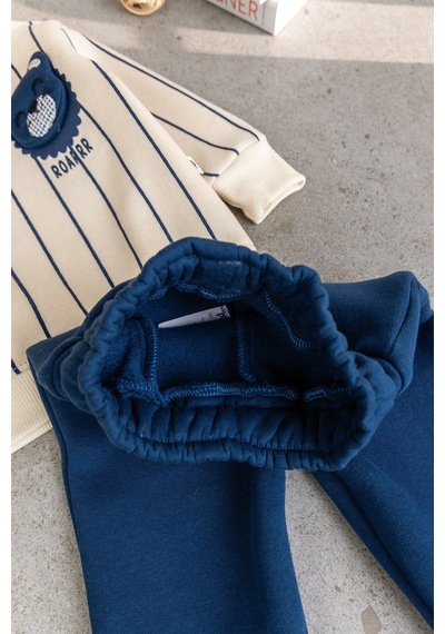Babymod Erkek Bebek Ayıcık Figürlü Çizgili Krem Sweatshirt Ve Lavivert Alt Eşofman Takımı Lacivert