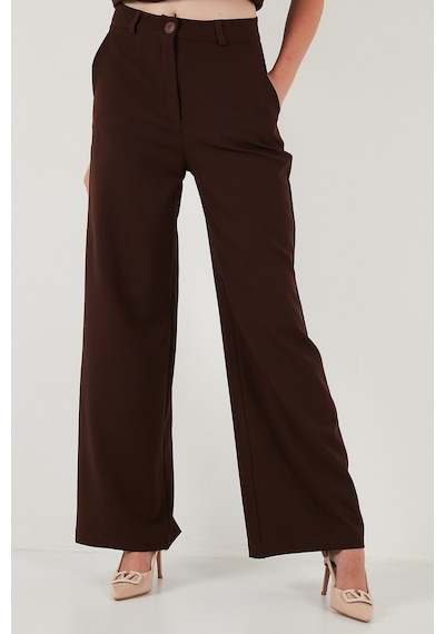 Lela Wide Leg Orta Yüksek Bel Bol Paça Kumaş Bayan Pantolon 6522974 Kahve