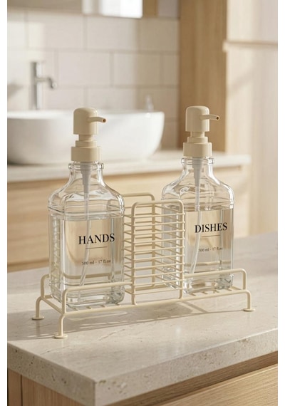 Digithome 2 Li Metal Standlı Cam Sıvı Sabun Ve Losyon Şişesi Sabunluk 500 Ml Krem B/1 C1-1-289