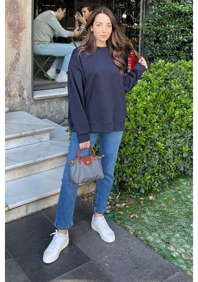 Lacivert Bisiklet Yaka Basic Sweatshirt Mg2185