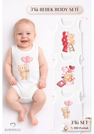 Babyden's 3 Lü Bebek Body Seti %100 Pamuk Ayıcık Desenli Unisex Bebek Body Kolsuz Çıtçıtlı Zıbın Beyaz