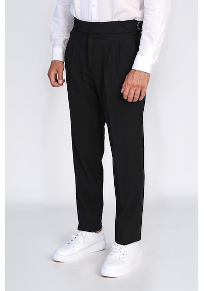 Siyah Çift Pileli Tokalı Yüksek Bel Slim Fit Pantolon Wessi Siyah