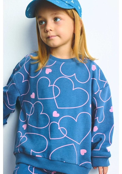 Defacto Kalp Desenli Bisiklet Yaka Sweatshirt Esnek Belli İspanyol Paça Alt 2li Takım Kız Bebek I3663a526wnbe341 Mavi-be341
