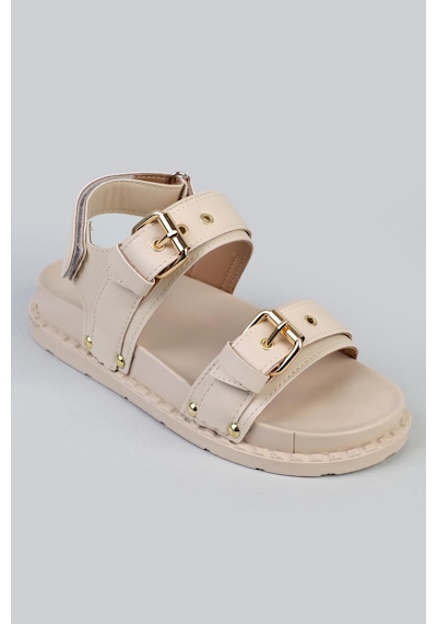 Shoetek Tarisa Kadın Sandalet Bantlı Tokalı Bej Deri Bej Cilt Bej
