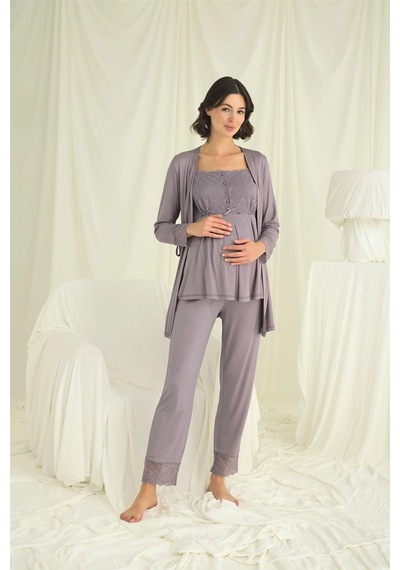 L'ombre Dantelli Önü Düğmeli Hamile Lohusa 3lü Pijama Takımı