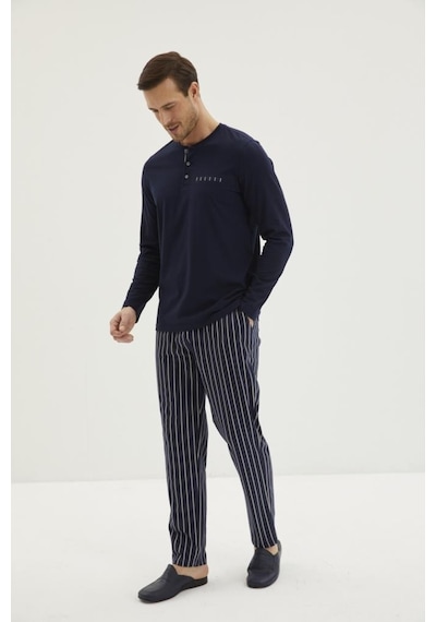 Kiğılı 3'lü Klasik Patlı Çizgili Triko Roblu Pijama Takımı 001