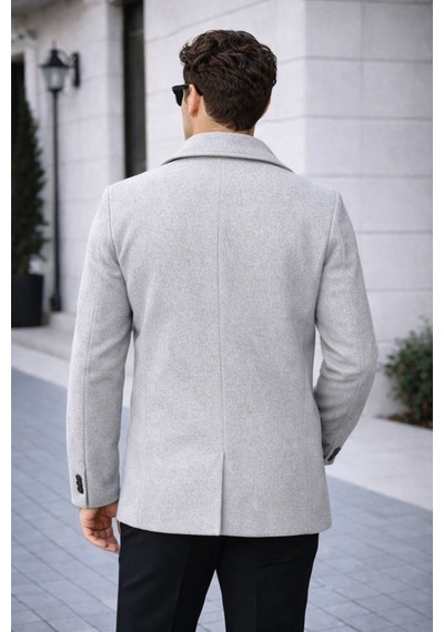 Erkek Casual Kruvaze Midi Boy Kaşe Kaban - Modern Kesim Açık Gri