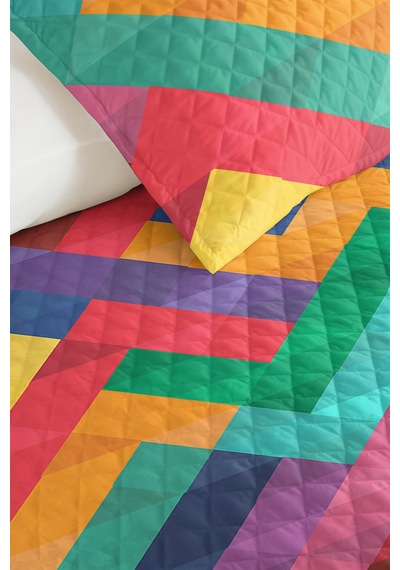 Geometrik Renkli Genç Odası Tek Kişilik Pike Takımı - Zigzag Turkuaz Sarı 160x220 Cm Yatak Örtüsü Dokulu Gölge Sükuneti