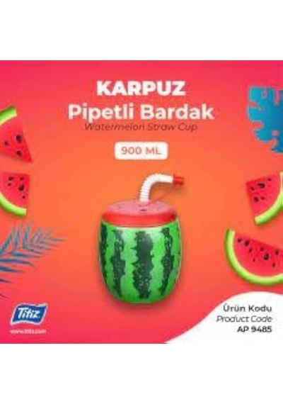 Marka Karpuz Desenli Pipetli Bardak, 900 Ml Kapasiteli, Çok Renkli Açık Kırmızı