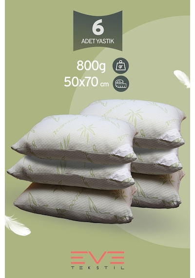 Eve Tekstil 6 Adet Bamboo Kılıflı Fermuarlı Yıkanabilir Antialerjik Silikon Elyaf Yastık 50x70cm 800 Gr Yeşil