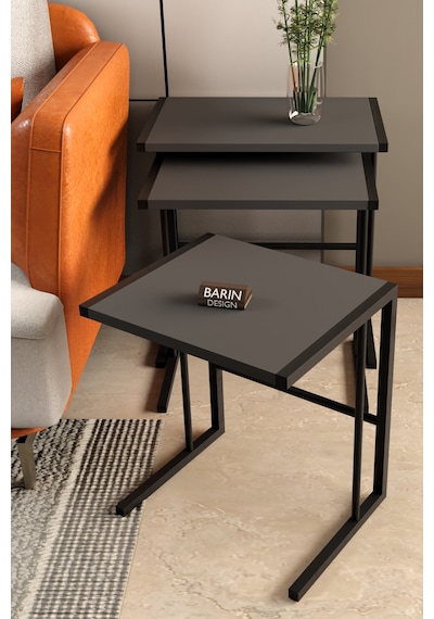 C Zigon Sehpa 3'lü Modern Metal Yan Sehpa, Laptop Masası Ve Koltuk Yanı Kahve Sehpası Antrasit