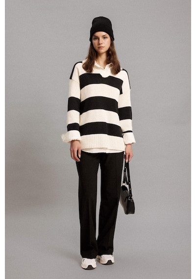 DeFacto Regular Fit Polo Yaka Çizgili Triko Kazak Tunik B8370AX24SPER133 Ekru