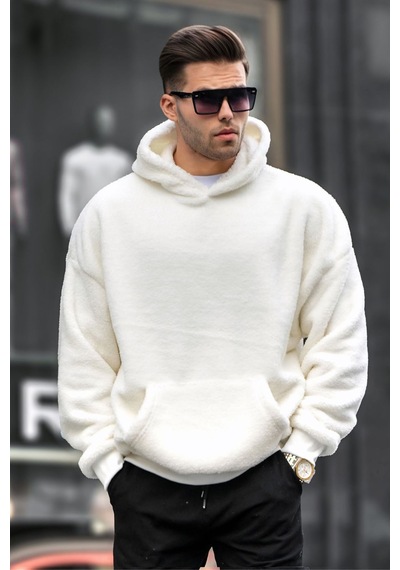 Madmext Ekru Peluş Kapüşonlu Erkek Sweatshirt 6050 Ekru
