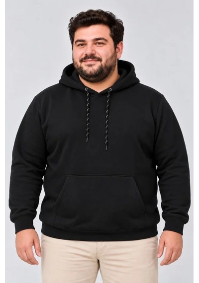 Suma Erkek Büyük Beden Üç İplik Şardonlu Kapüşonlu Kanguru Cepli Sweatshirt - Siyah